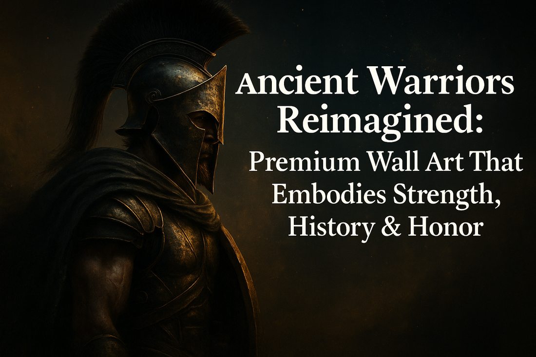 Dark, cinematic digital artwork featuring an ancient warrior in armor with glowing accents, set against a moody battlefield backdrop. Banner reads: ‘Ancient Warriors Reimagined: Premium Wall Art That Embodies Strength, History & Honor.