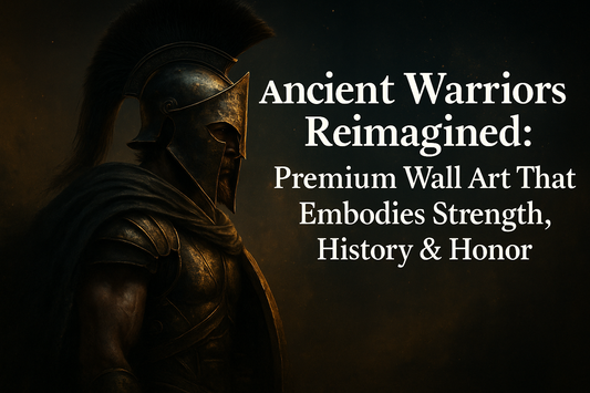 Dark, cinematic digital artwork featuring an ancient warrior in armor with glowing accents, set against a moody battlefield backdrop. Banner reads: ‘Ancient Warriors Reimagined: Premium Wall Art That Embodies Strength, History & Honor.