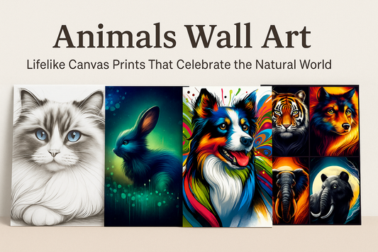 Four animal-themed canvas prints including a realistic ragdoll cat with blue eyes, a glowing abstract rabbit in a teal forest, a vibrant pop-art style Border Collie, and a grid featuring a tiger, wolf, elephant, and bear in bold fiery and moonlit tones.