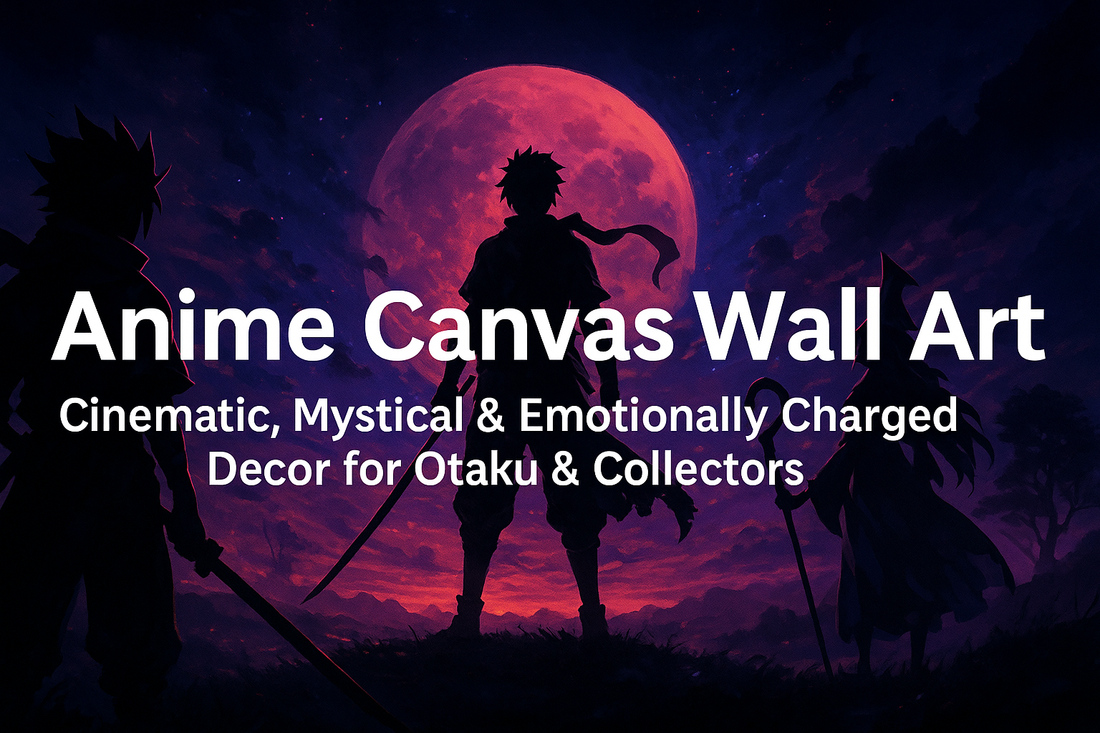 Atmospheric anime-style digital painting featuring a cloaked warrior surrounded by mist, glowing purple and blue tones, and a starry sky. Banner text reads: ‘Anime Canvas Wall Art – Cinematic, Mystical & Emotionally Charged Decor for Otaku & Collectors.