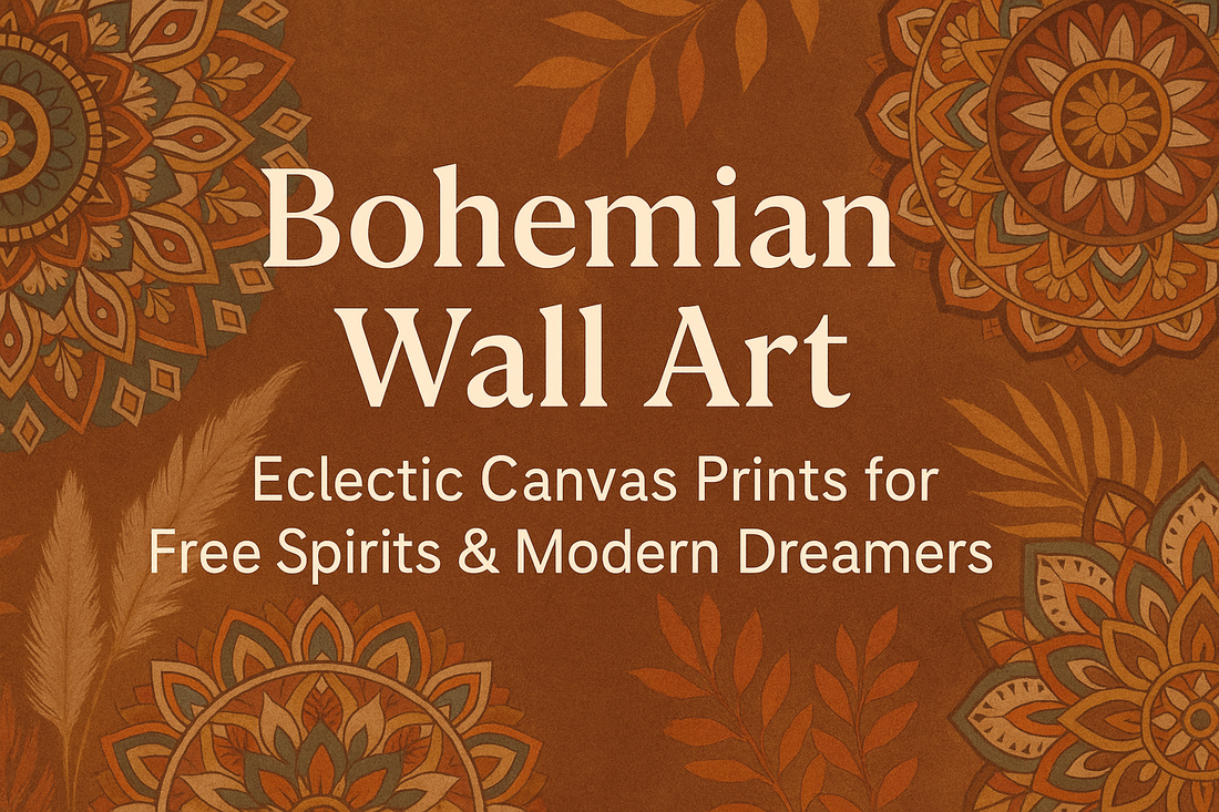 Earthy bohemian digital artwork featuring tribal prints, sun-washed tones, and botanical elements. Banner text reads: ‘Bohemian Wall Art – Eclectic Canvas Prints for Free Spirits & Modern Dreamers.