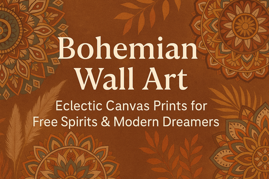 Earthy bohemian digital artwork featuring tribal prints, sun-washed tones, and botanical elements. Banner text reads: ‘Bohemian Wall Art – Eclectic Canvas Prints for Free Spirits & Modern Dreamers.