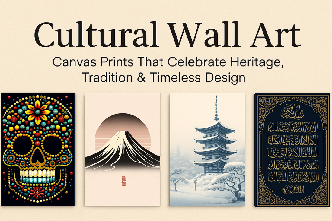 ChatGPT said: Four distinct cultural canvas artworks displayed upright: a vibrant Mexican sugar skull, a minimalist Mount Fuji with sunset, a snow-covered Japanese pagoda, and an ornate gold-on-navy Arabic calligraphy piece.