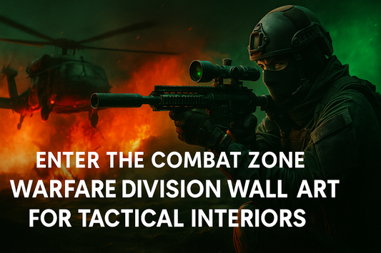 Cinematic digital artwork of a sniper and combat helicopter extraction under night vision green and fire-lit skies. Banner text reads: ‘Enter the Combat Zone: Warfare Division Wall Art for Tactical Interiors.