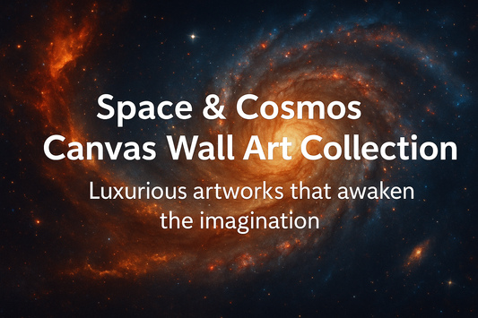 High-detail cosmic canvas wall art featuring a spiral galaxy and supernova, displayed in a modern interior with dark walls and ambient lighting. Text overlay reads: ‘Explore the Infinite: Luxury Space & Cosmos Wall Art for Modern Interiors.