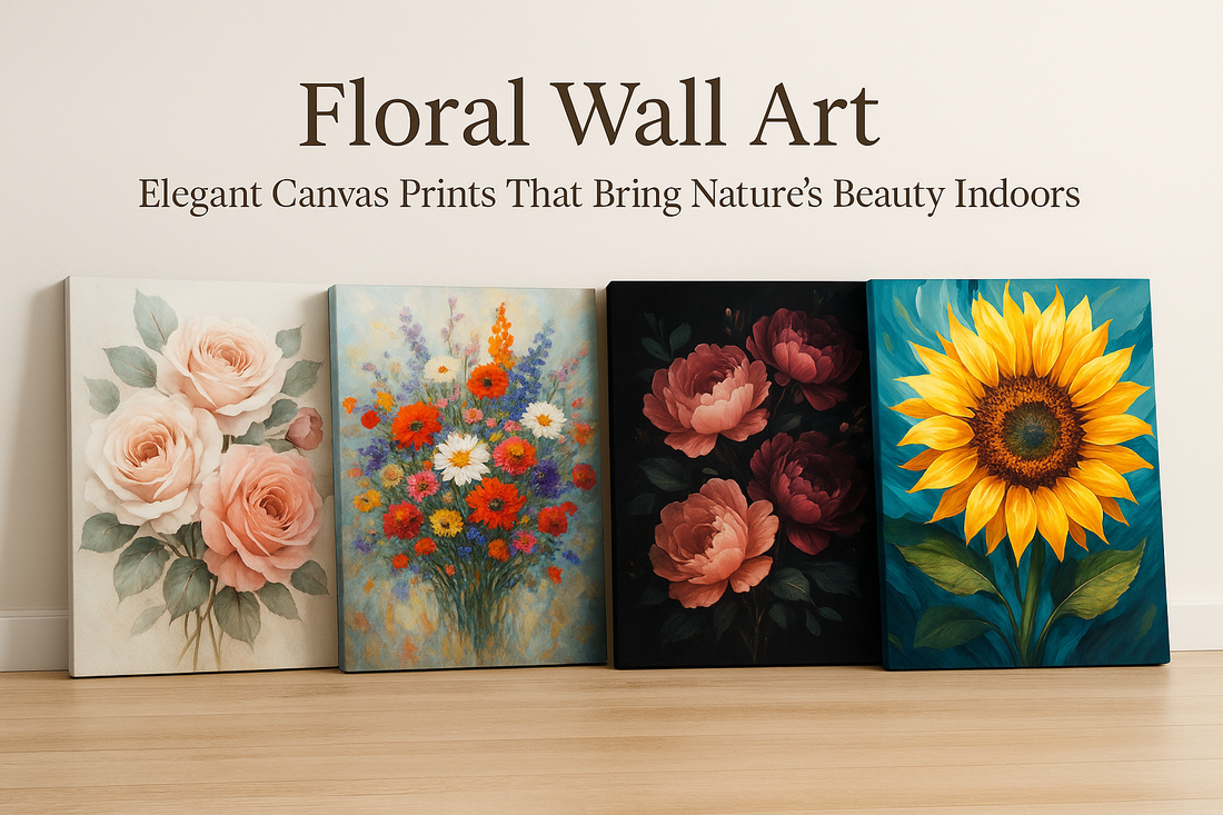 Four floral canvas wall art prints displayed on a wooden floor against a white wall, featuring roses, wildflowers, and abstract botanical designs.