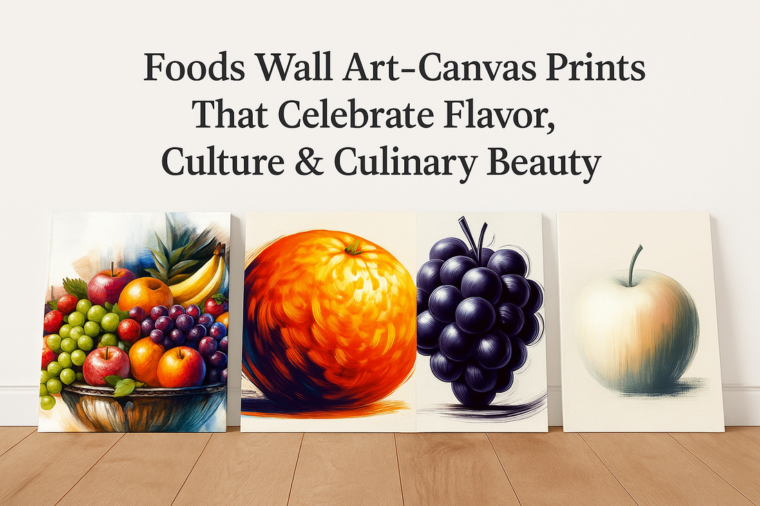 Four canvas wall art prints featuring vibrant fruits: a colorful bowl of mixed fruit, a vivid orange, deep purple grapes, and a soft-toned apple.