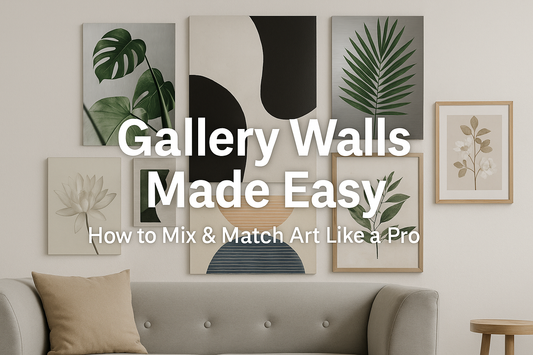 Living room with a professionally arranged gallery wall using mixed-format wall art.