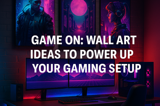 RGB gaming room setup with cyberpunk-themed canvas prints above a dual-monitor desk.