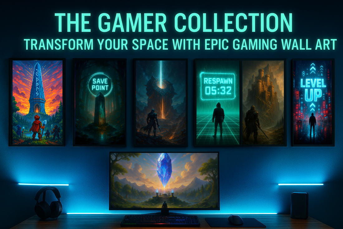 Gamer room with RGB neon lighting and framed gamer wall art, featuring The Gamer Collection title.