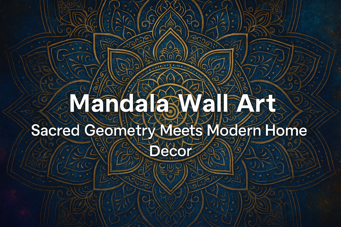 Colorful 3:2 digital mandala artwork featuring symmetrical sacred geometry in rich purple, teal, and gold tones. Banner text reads: ‘Mandala Wall Art – Sacred Geometry Meets Modern Home Decor.
