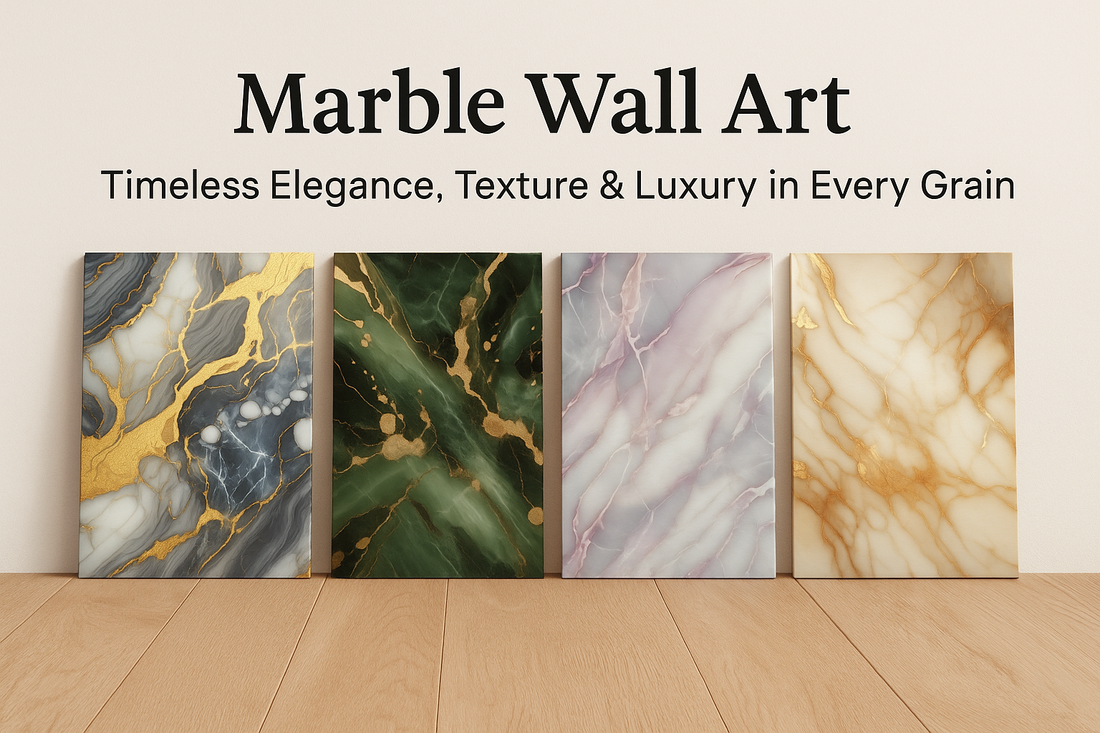 Four marble canvas prints in silver, green, lavender, and beige with gold veining, displayed on a wooden floor against a white wall.