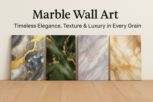 Four marble canvas prints in silver, green, lavender, and beige with gold veining, displayed on a wooden floor against a white wall.