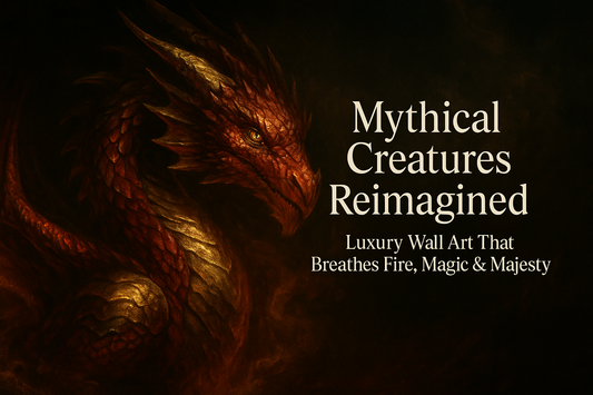 Luxury fantasy wall art featuring a glowing red and gold dragon in high detail, with rich textures and an elegant dark backdrop. Blog title reads: ‘Mythical Creatures Reimagined: Luxury Wall Art That Breathes Fire, Magic & Majesty.