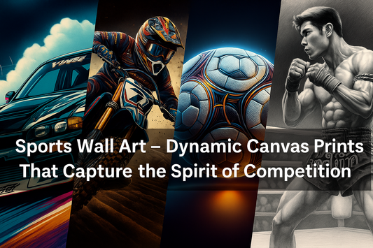 3:2 promotional banner displaying vibrant sports wall art prints including a drift car, motocross rider, stylized football, and Muay Thai boxer, with the title “Sports Wall Art – Dynamic Canvas Prints Blog Banner