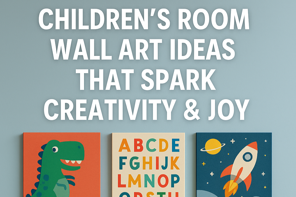 Children’s bedroom wall with dinosaur and educational canvas prints above a bed and toy shelf.