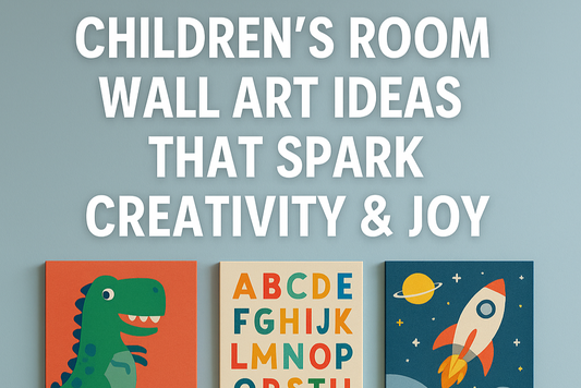 Children’s bedroom wall with dinosaur and educational canvas prints above a bed and toy shelf.