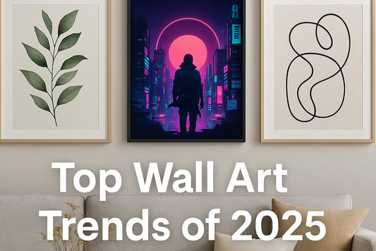 Modern interior featuring a gallery wall of trending 2025 art styles including nature, cyberpunk, and abstract prints.