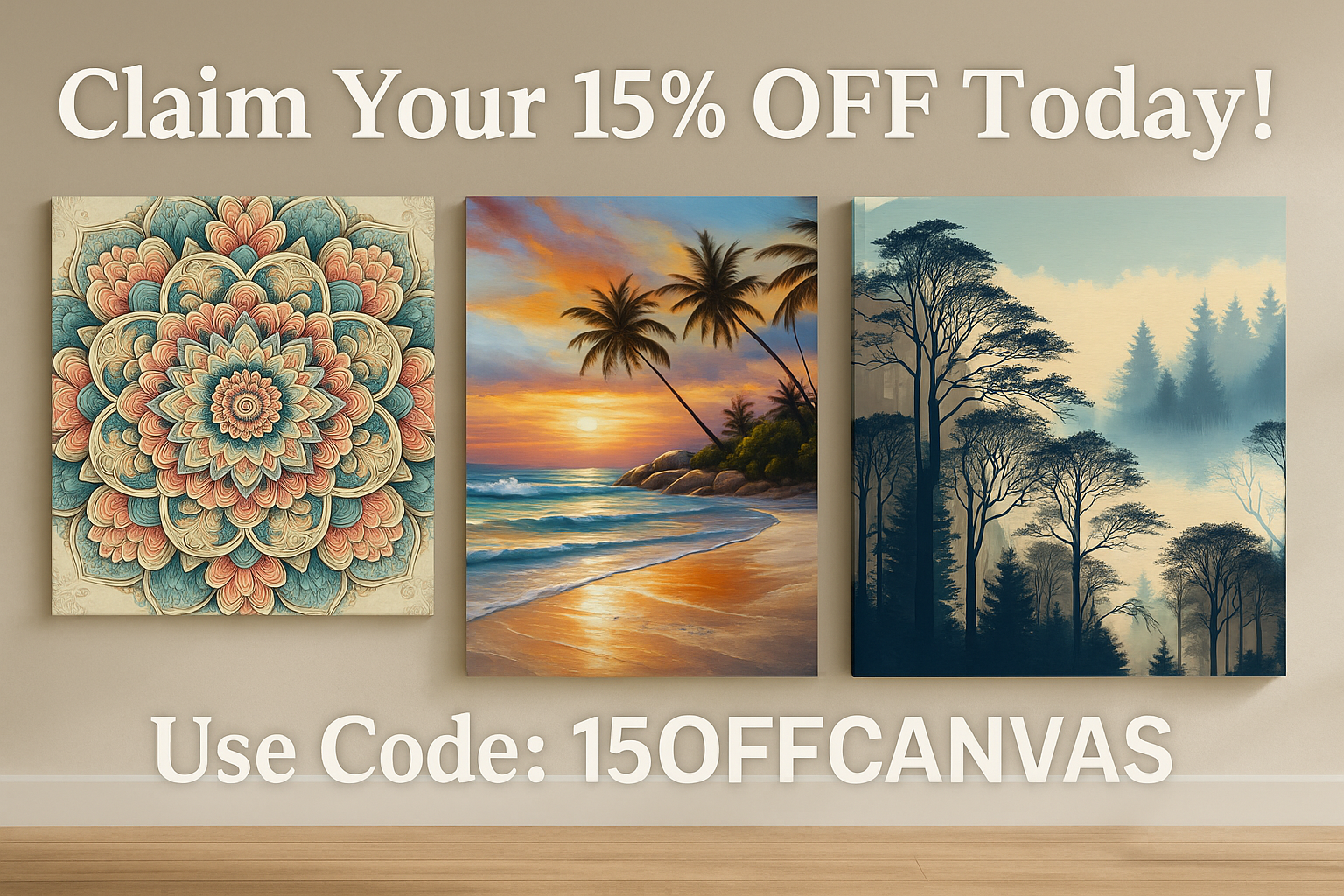 Promotional banner for Canvas Connoisseurs showing 15% OFF wall art with code 15OFFCANVAS, featuring mandala, beach sunset, city street, and forest canvas prints in a gallery-style display.