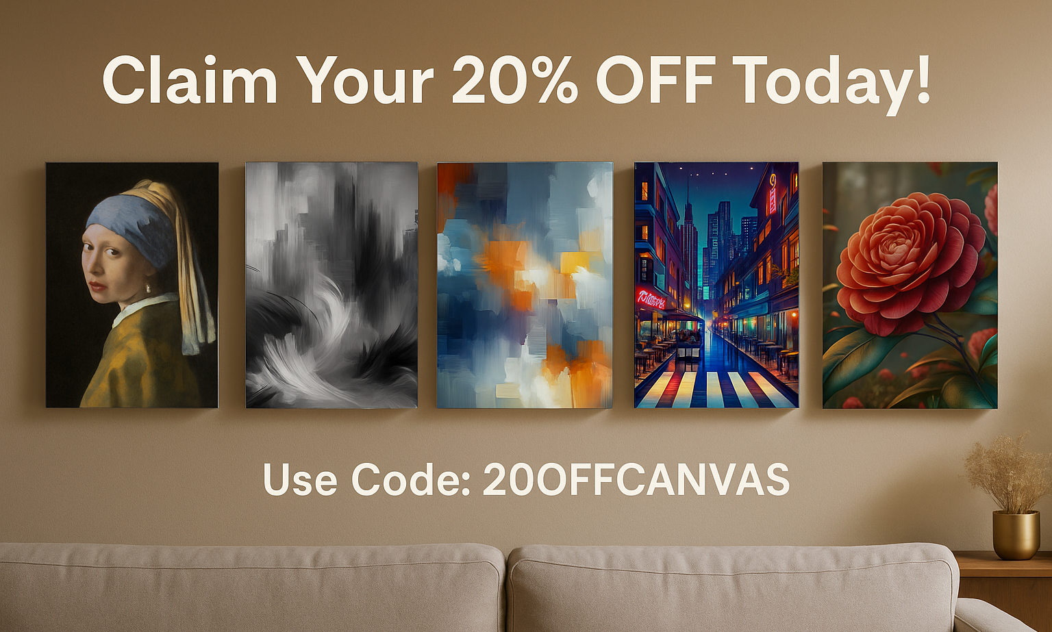 Promotional banner showing five canvas prints—Girl with a Pearl Earring, black and white abstract, colorful geometric abstract, neon cityscape, and red camellia flower—advertising 20% OFF with code 20OFFCANVAS on a warm homely living room wall.