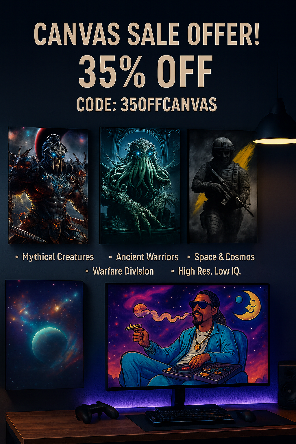 Canvas art sale offer with various artwork styles on a dark background