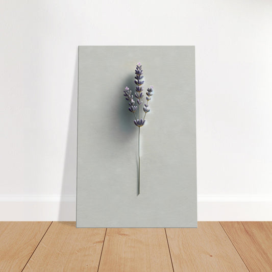 Minimalist canvas art of a single lavender sprig with soft purple flowers on a neutral background