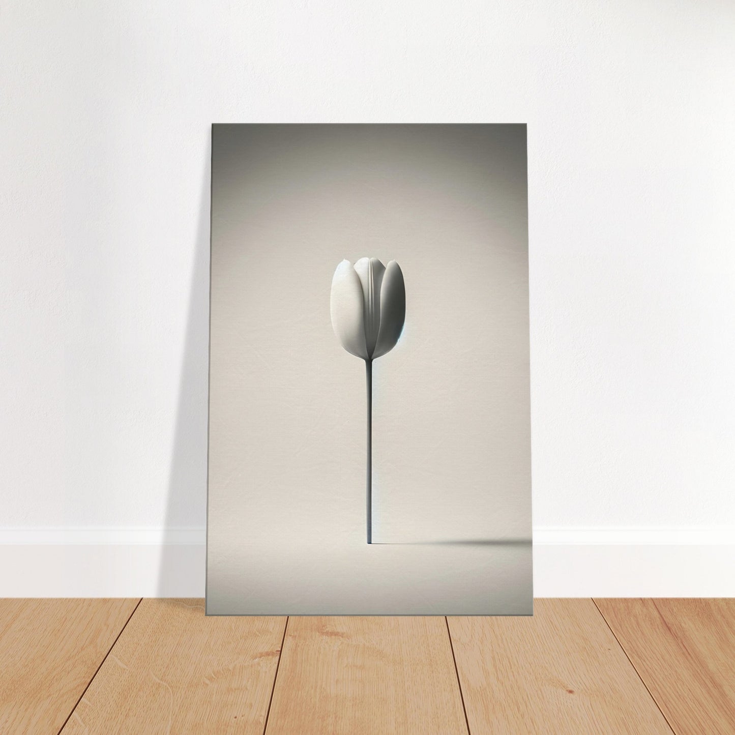 Minimalist canvas print of a single tulip with vibrant petals on a clean background