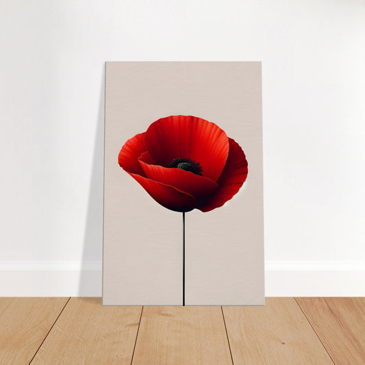 Red poppy flower with dark center on a minimalist background in detailed canvas art