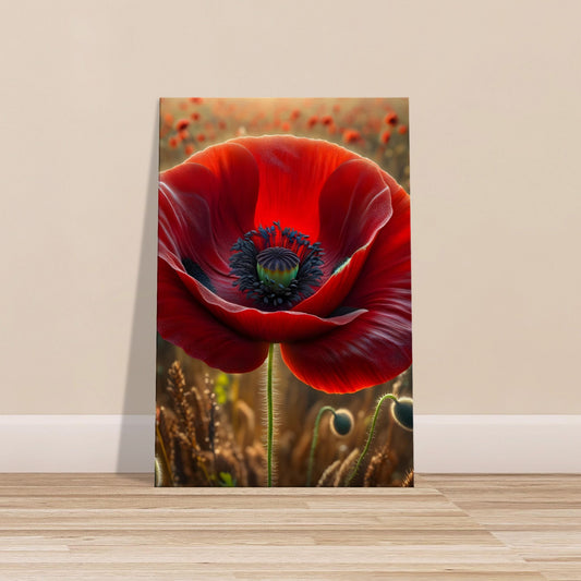 Single red poppy in bloom with blurred poppy field background under soft sunrise or sunset light