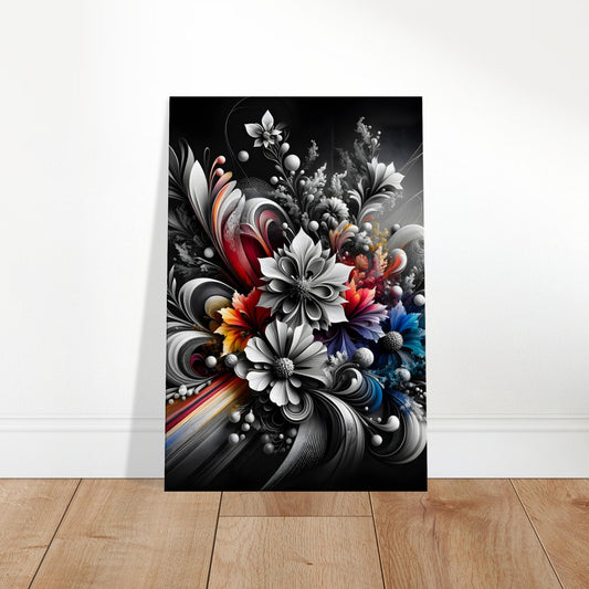 Colorful abstract painting with swirling floral shapes and vivid hues on a black background.