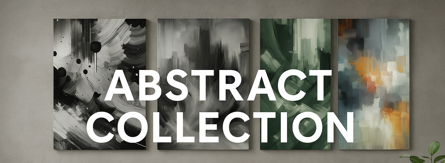 Abstract art collection displayed on a wall above a sofa with promotional text overlay.