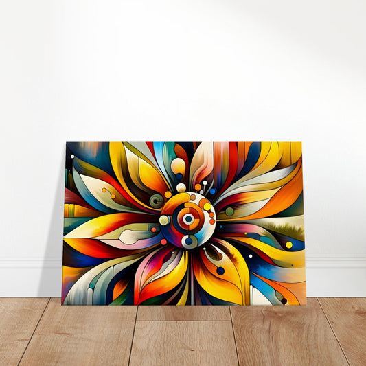 Abstract flower wall art with cosmic patterns, vibrant colors, and surreal shapes