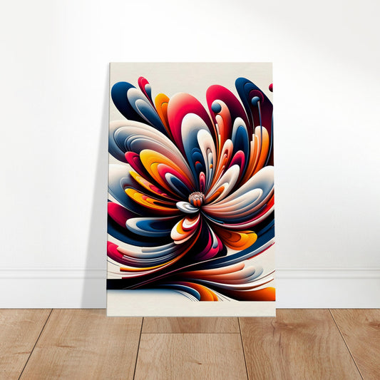 Abstract floral artwork with swirling patterns, bright colors, and stylized chrysanthemum or magnolia inspiration