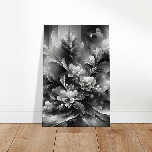 Ethereal grayscale floral painting with soft, fading petals and mist-like abstract textures.