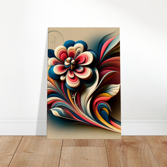 Abstract floral bloom artwork with bold shapes, vivid colors, and inspiration from begonias and zinnias on a textured background