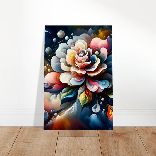 Abstract floral artwork with peony and hydrangea inspiration, vibrant swirling petals, and colorful textured background