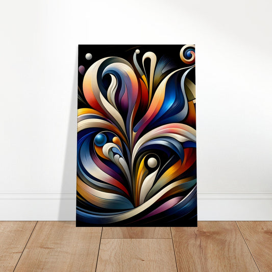 Abstract flower artwork with calla lily and iris inspiration, bold colors, radiant patterns, and dynamic abstract design