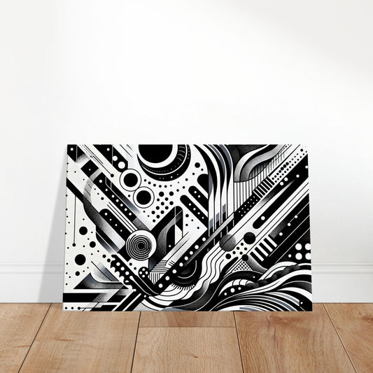 Black and white abstract canvas with layered geometric patterns, lines, and dots forming a bold, intricate composition.