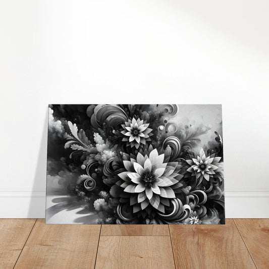 Monochrome abstract floral painting with swirling petals and textured grayscale foliage.