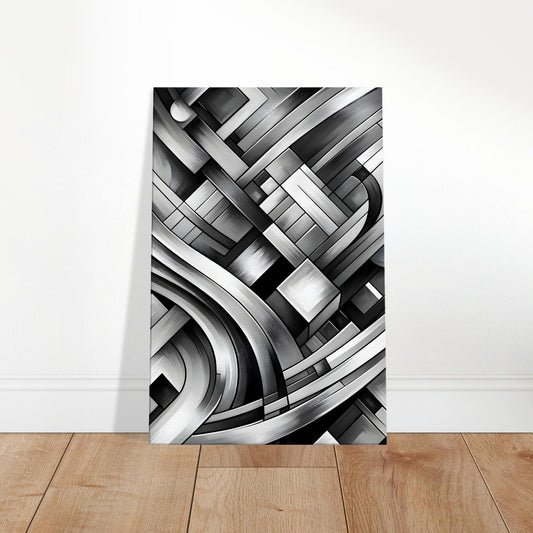 Grayscale abstract wall art featuring a blend of curves and angles, creating dynamic movement through light and shadow.