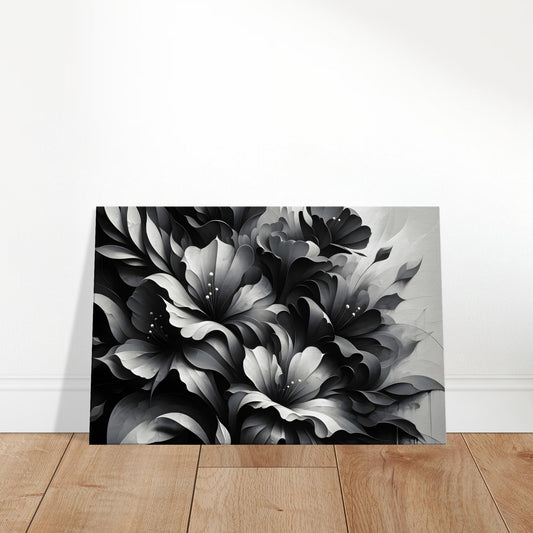 Monochrome abstract floral painting with soft petal gradients and dramatic shadow play.