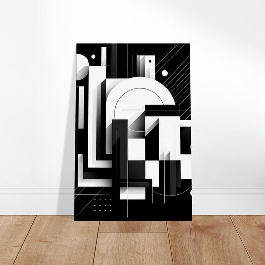 Black and white abstract artwork with sharp geometric shapes and circular forms arranged in a modern, minimalist composition.