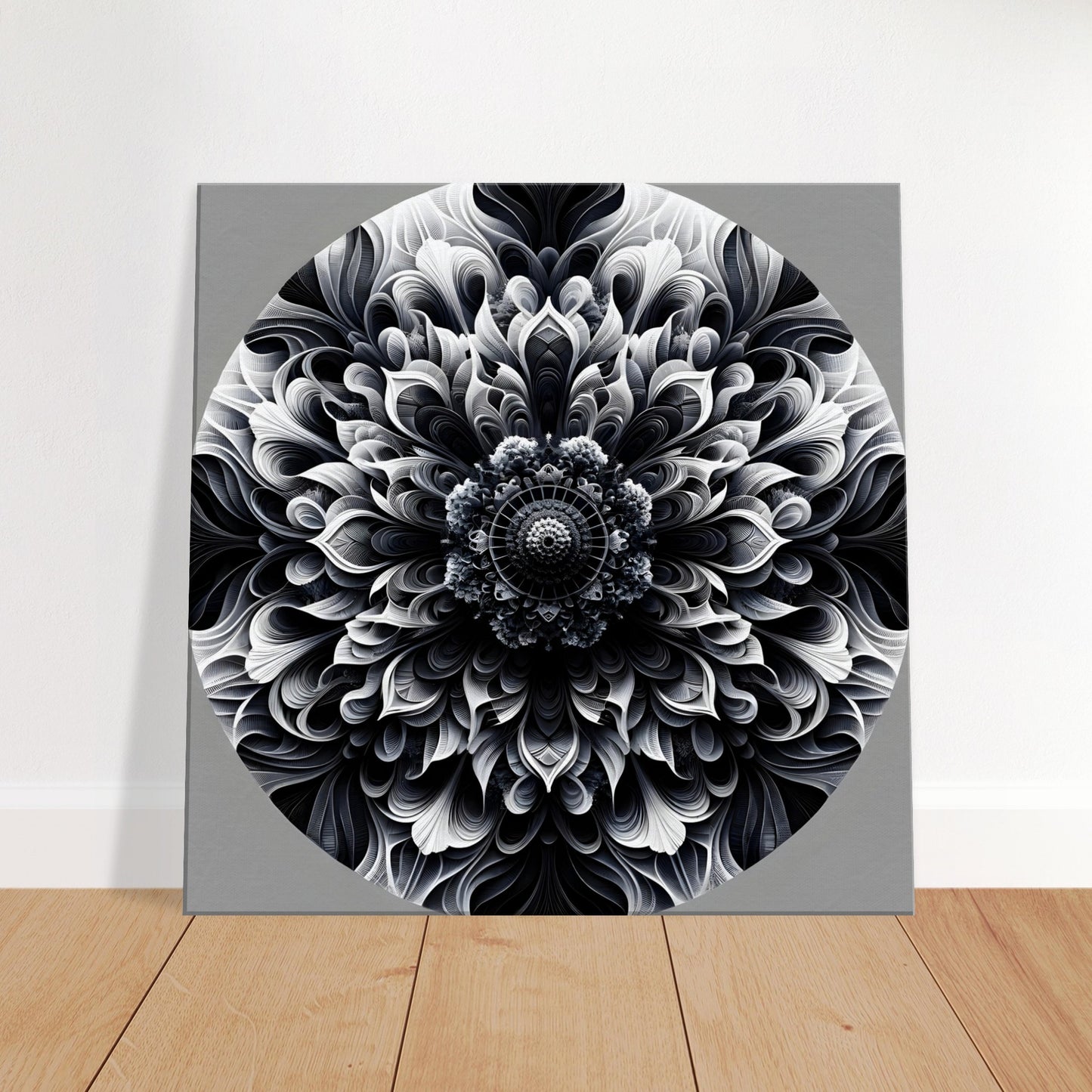 Abstract mandala artwork in grayscale, featuring geometric patterns transitioning from deep black to luminous white for bold contrast and elegance.