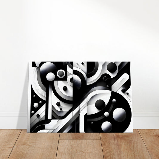 Black and white abstract canvas art with floating spheres and geometric shapes, creating a three-dimensional illusion and bold visual contrast.