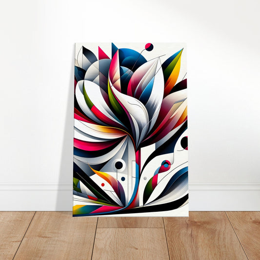 Abstract flower wall art with bold colors, dynamic shapes, and modern design