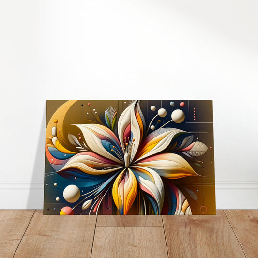 Abstract floral wall art with vibrant colors, swirling shapes, and modern design inspired by lilies and daisies