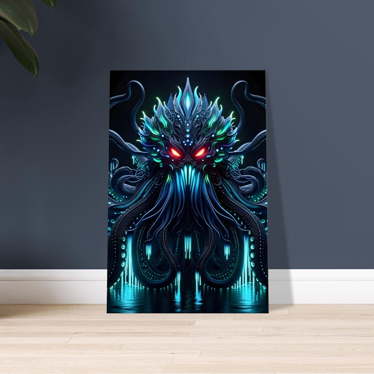 Artwork of a massive Kraken with glowing blue and green tentacles and red eyes in the dark depths of the ocean.