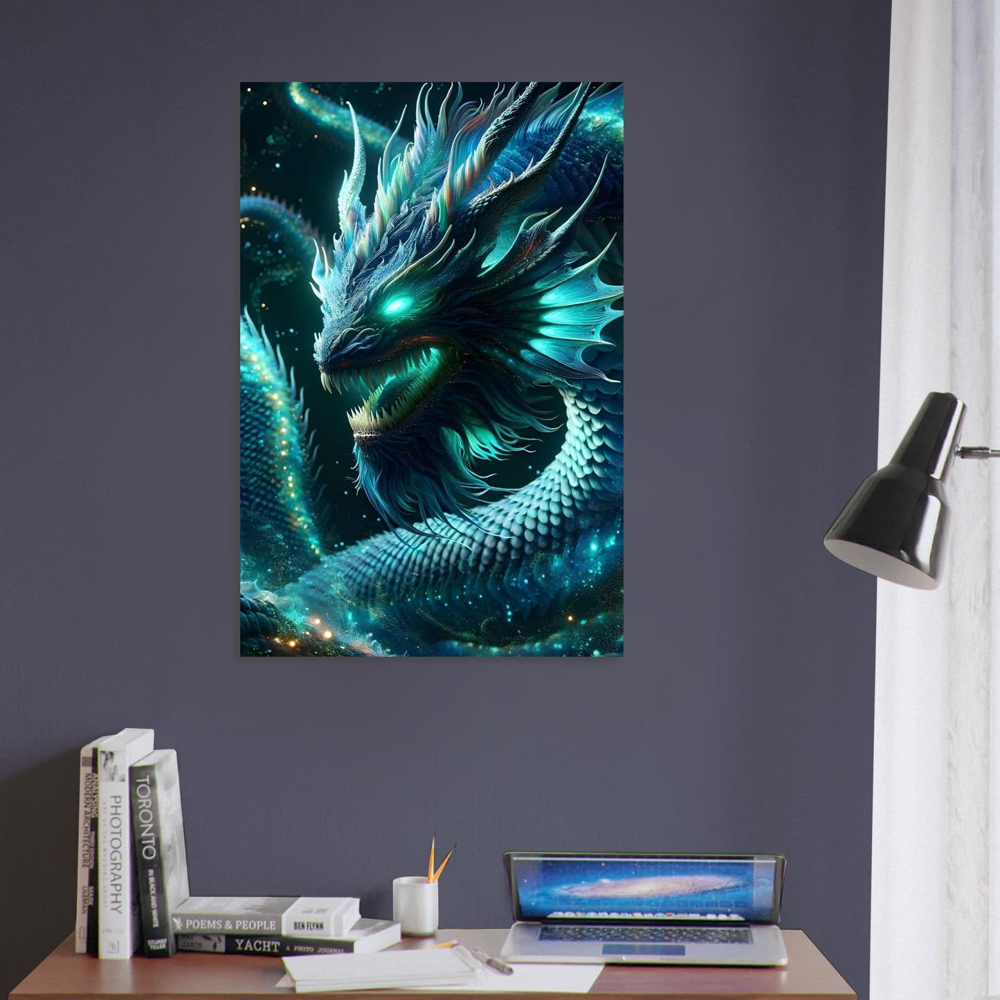 Metal poster of a glowing sea serpent coiled in dark ocean waters, with iridescent scales and surrounded by bioluminescent marine life.
