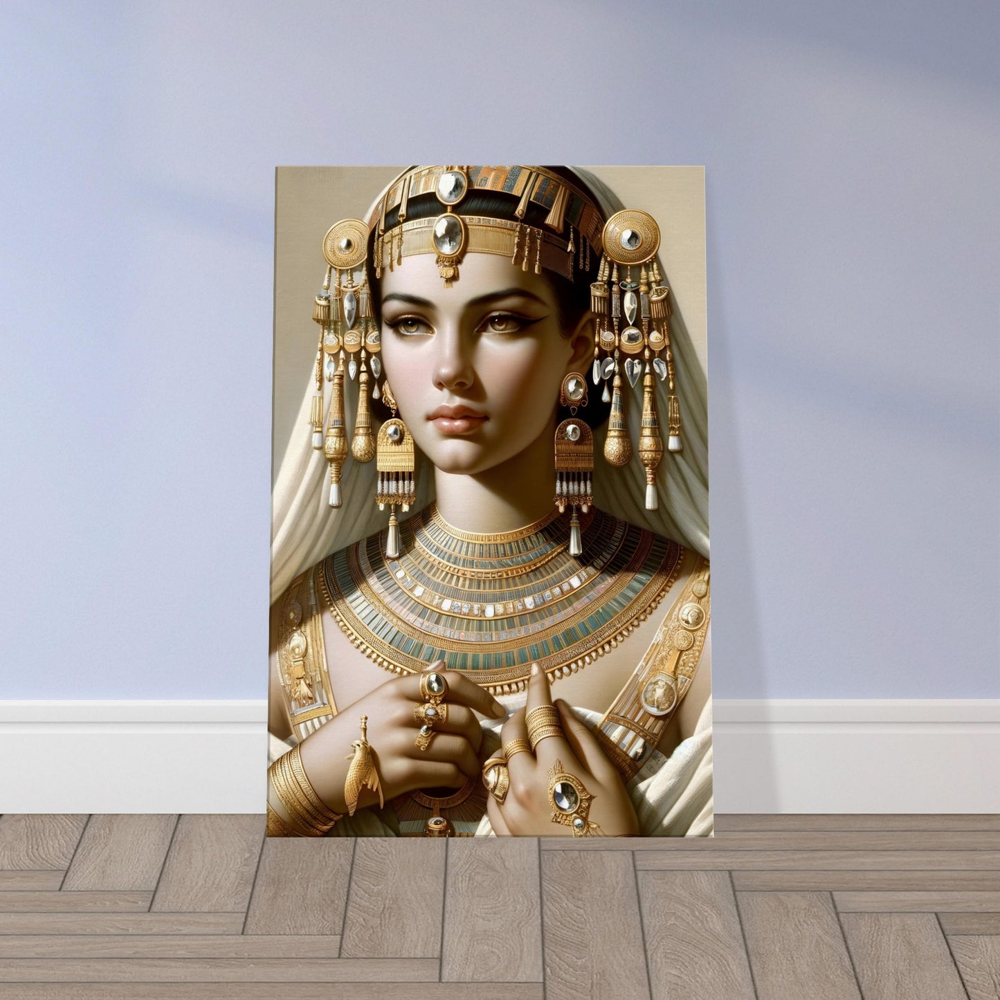 Ancient noblewoman wearing a gold and lapis collar, jeweled headpiece, and white linen robe, portrayed in regal and serene detail.