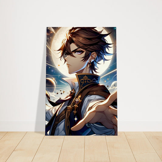 Anime character Aiko in a heroic action pose, set against a dramatic celestial background with glowing cosmic effects.